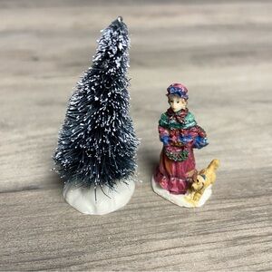 Festive 1.5” Lady‎ Figurine and Tree, for Christmas Village